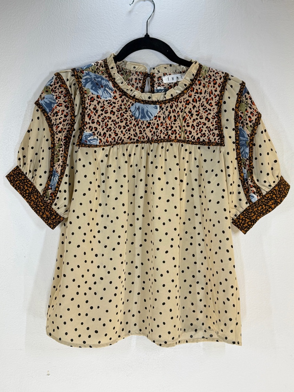 THML Mixed Print Polka Dot Leopard Floral Babydoll Ruffle Neck Blouse